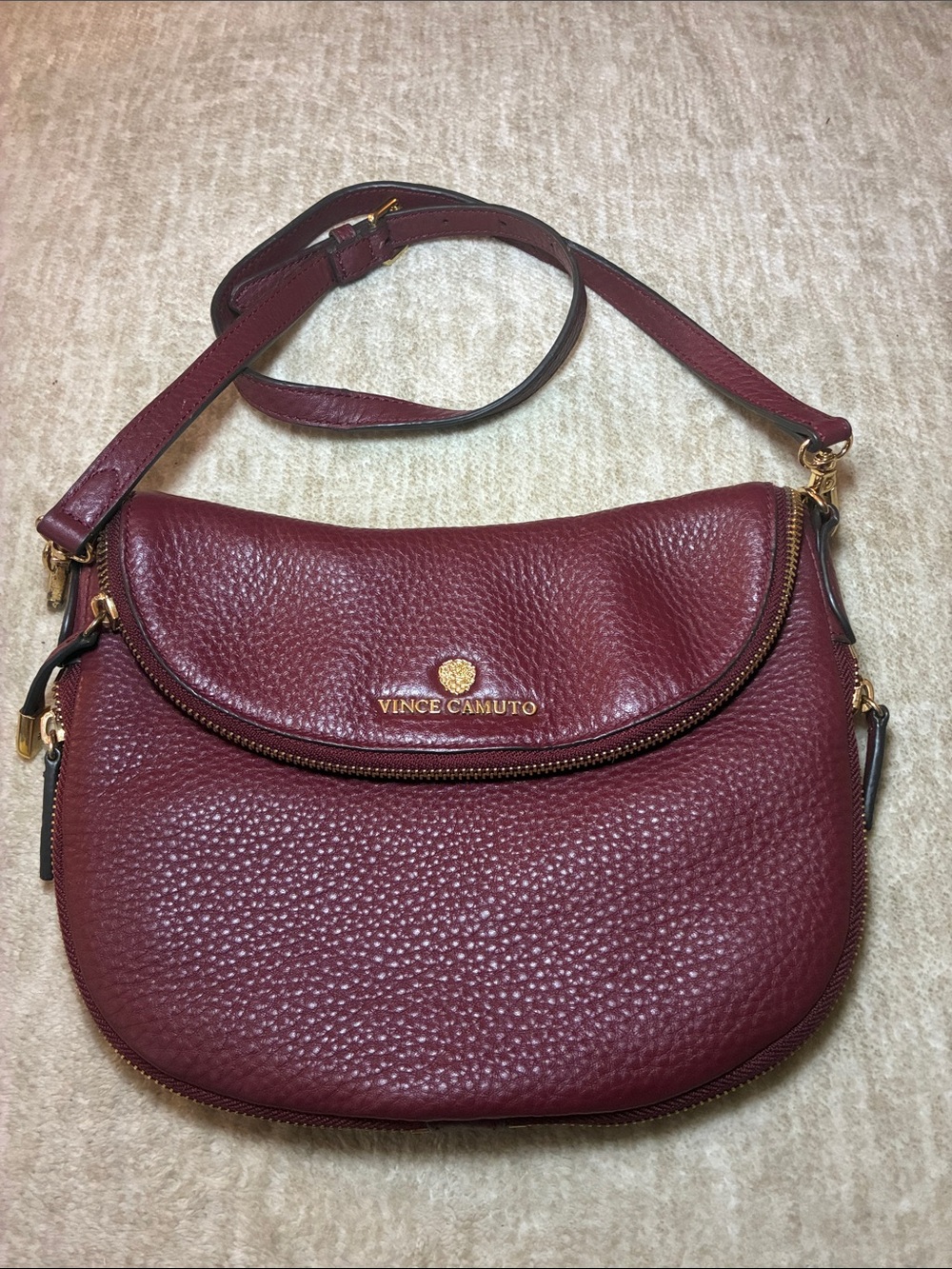 Vince Camuto Burgundy Pebbled Leather Shoulder Bag with Gold Hardware‎